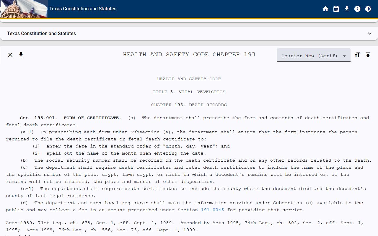 Texas Health and Safety Code Chapter 193 obituary death records